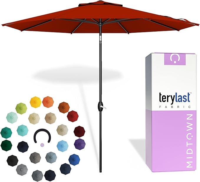 Midtown Umbrellas - 10-Year-No-Fade 10 Ft Patio Umbrella with Terylast Fabric, Auto-Tilt Aluminum Frame and 8 Reinforced Ribs for Deck, Pool, Garden & Beach - Apple Red Canopy, Black Pole