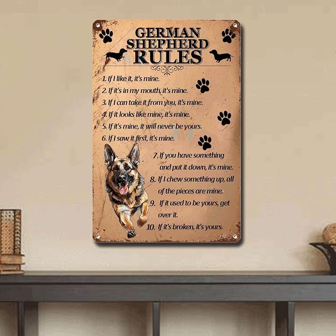 Metal Sign Tin Sign Vintage Wall Art German Shepherd Rules Bathroom Signs Decor for Club 12×16 Inches