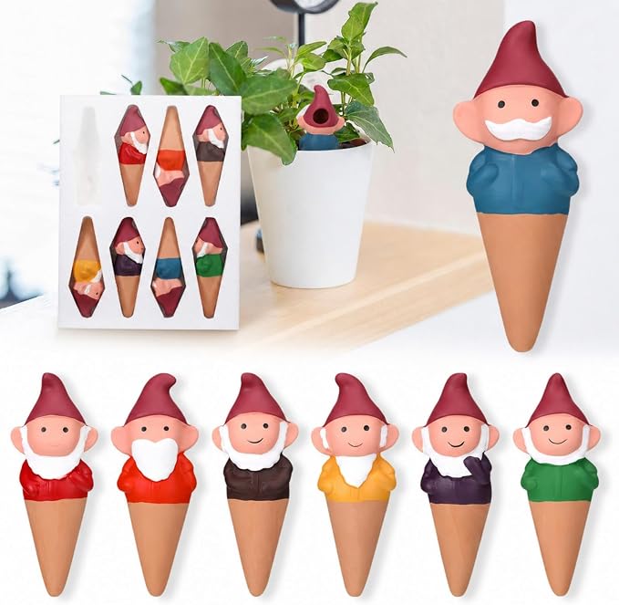Teenyyou 7 Pack Gnome Terracotta Plant Watering Spikes - Easy Top Fill Self Waterer Insert - Cute Vacation Automatic Stakes for Indoor Outdoor Houseplants