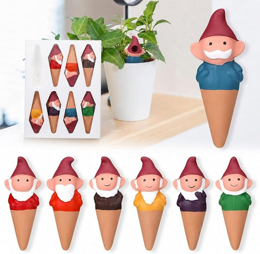 Teenyyou 7 Pack Gnome Terracotta Plant Watering Spikes - Easy Top Fill Self Waterer Insert - Cute Vacation Automatic Stakes for Indoor Outdoor Houseplants