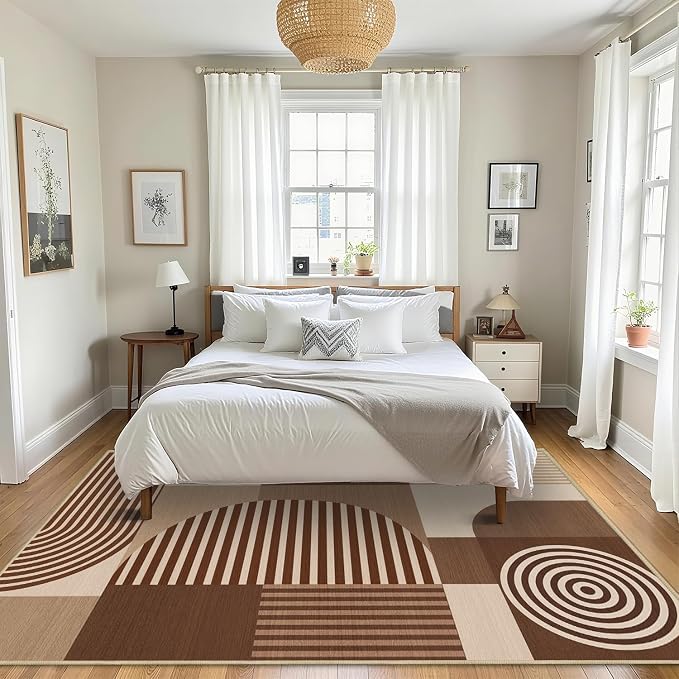 Area Rug 6x9 Living Room Brown Geometric Rug Machine Washable Minimalist Line Mid Century Modern Area Rugs Non Slip Low Pile Large Dining Room Indoor Floor Carpet for Bedroom Office,Brown