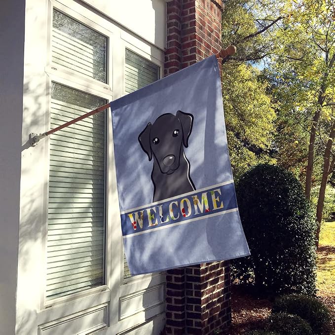 Caroline's Treasures BB1421CHF Black Labrador Welcome House Flag, Blue Large Porch Sleeve Pole Decorative Outside Yard Banner Artwork Wall Hanging, Polyester, House Size, Multicolor