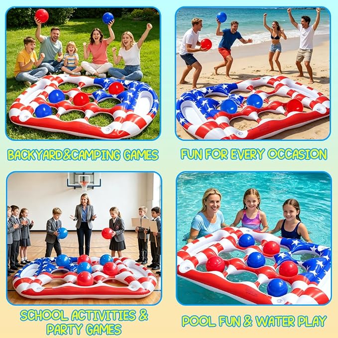 Pool Toys Games Set, Tic-Tac-Toe Inflatable Pool Toy with 10 Balls, American Flag Floating Board Swimming Pool for Adults Teens Kids Summer Water Ball Toys