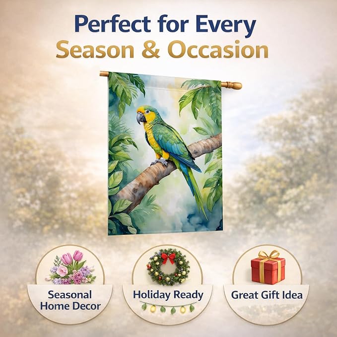 Caroline's Treasures Yellownaped Amazon Parrot House Flag Large Porch Sleeve Pole Decorative Outside Yard Banner Artwork Wall Hanging, Polyester, House Size, Multicolor