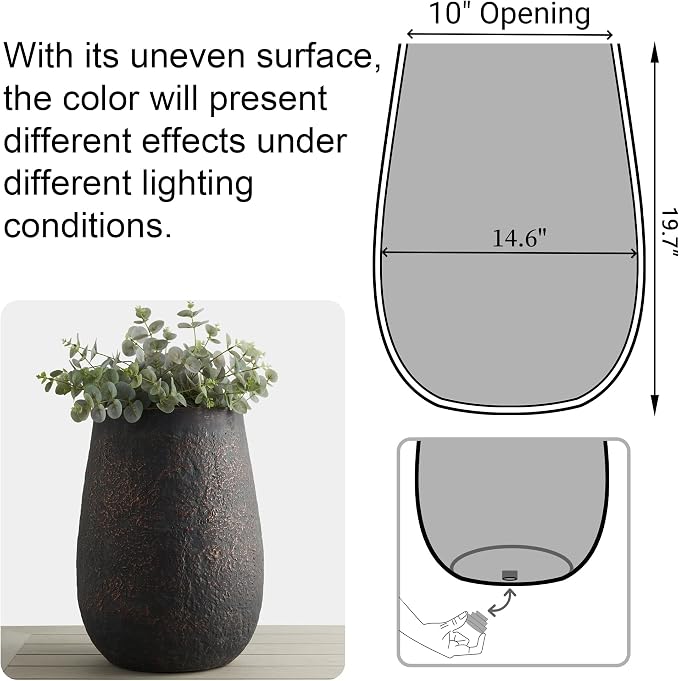 Weathered Concrete 19.7 Inch Tall Planter, Large Decorative Flower Pot with Drainage Hole, Round Plant Container for Home, Garden, Patio, Courtyard, A Dusting of Bronze Rust with Green Tone, 1 Pack
