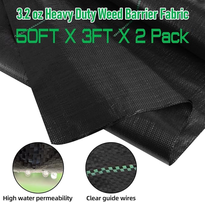 LAVEVE 3FT x 100FT Weed Barrier Landscape Fabric Heavy Duty, 3.2oz Premium Garden Ground Cover Mat for Weed Control, Gardening, Plant Beds and Farming (3x50FT x 2Pack)