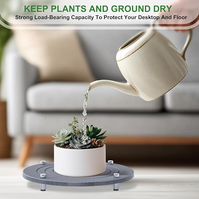 2Pcs 8 Inch Plant Saucers for Indoors, Instant Dry Diatomaceous Earth Plant Saucer, Plant Trays for Pots with Stainless Steel Feet, Plant Water Catcher Tray, Gray