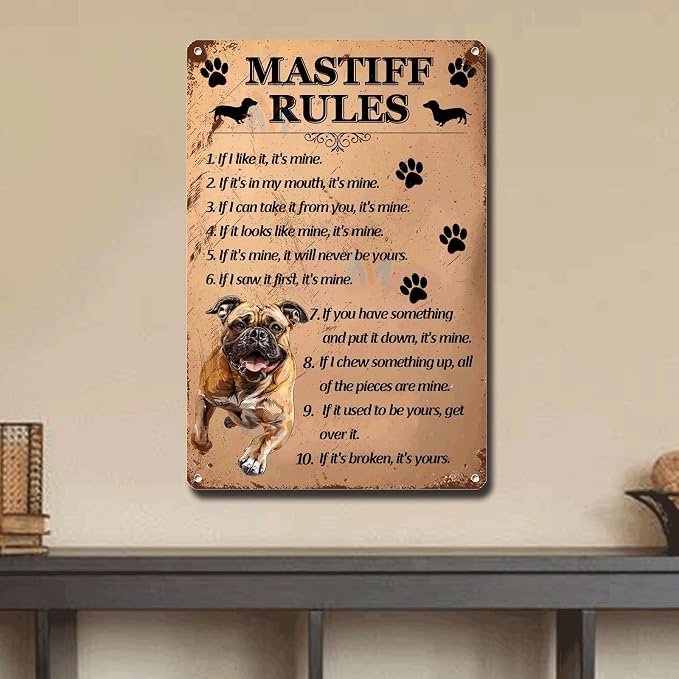Metal Sign Tin Sign Vintage Wall Art Mastiff Rules Vintage Sign for Restaurant 8×12 Inches