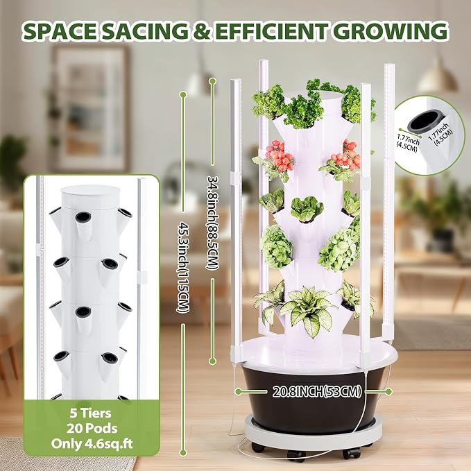 SPECILITE Hydroponics Growing System Kit with Grow Light, 5 Tiers 20 Pods | with Wheels, Pump & Timer, 30L Large-Capacity Water Tank, Automatic Watering System, Beginner-Friendly, Hydroponic Tower
