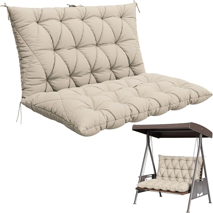Porch Swing Cushion with Backrest,Waterproof Bench Cushion for Outdoor Furniture,2-3 Seater Replacement Thickened 5 in swing cushion,with Ties,Patio,Outdoor,Backyard and Cream (Cream,47x40 in)