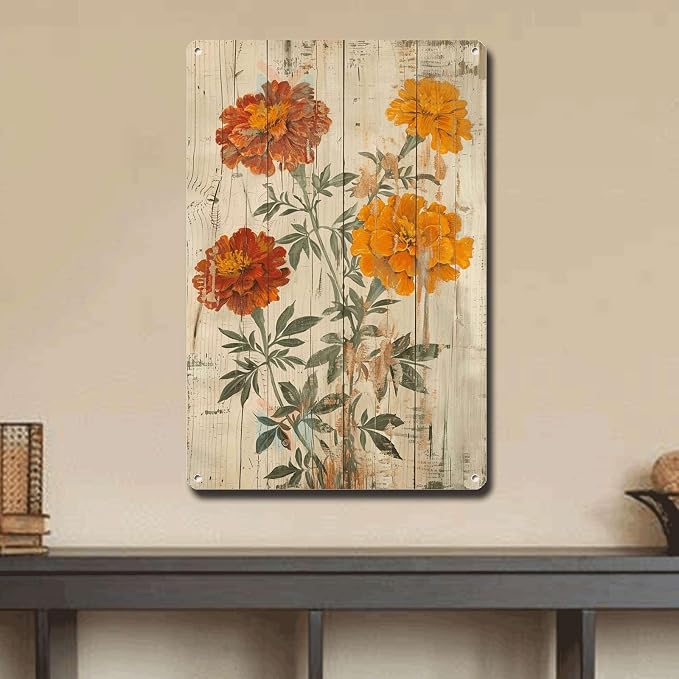 Metal Sign Tin Sign Vintage Wall Art Shabby Chic Marigolds Tin Sign for Rustic Joy Antique Garden Symbolism and Distressed Wood Panels Funny Outdoor Decor for Club 12×16 Inches