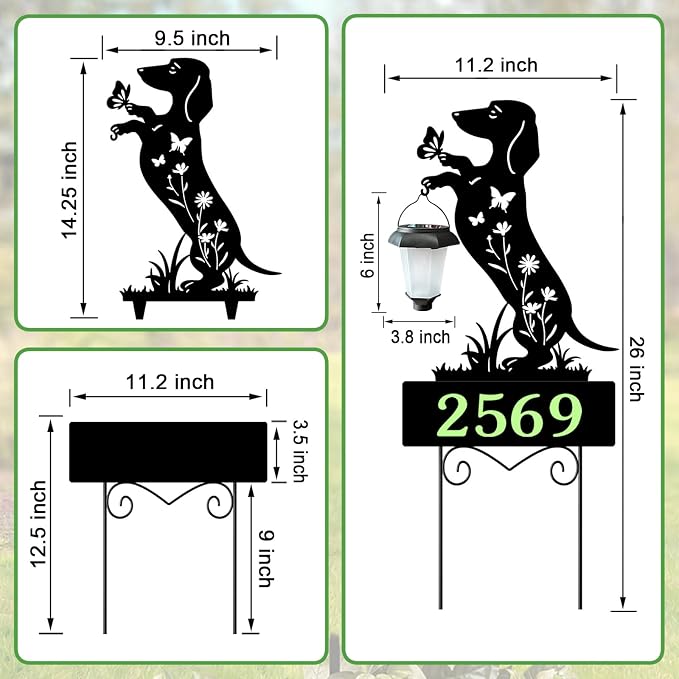 Solar House Numbers for Outside,Metal Dachshund Dog Address Signs for Houses with Glow in the Dark,Outdoor Decorative for Garden,Lawn,Patio,Path