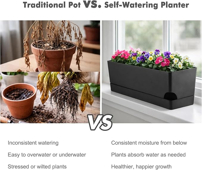 Party Zealot Self Watering Pots for Indoor Plants, 3 Pack Window Boxes Planters 17 Inch Rectangular Planter Rectangle Flower Pots Long Plant Pot Large Window Sill Herb Planter Box, Black