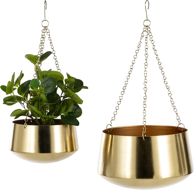 Deco 79 Metal Indoor Outdoor Wall Planter Indoor Outdoor Hanging Dome Hanging Planter with Chain, Set of 2 Plant Hanger 5", 7"H, Gold
