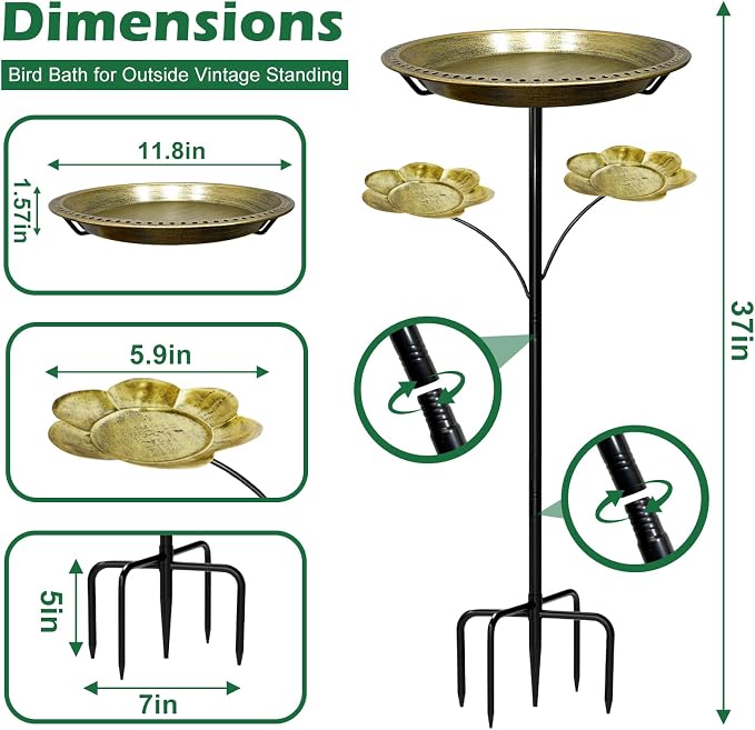 Bird Bath for Outside, Vintage Freestanding Birdbaths with 5-Pronged Base, Removable Bird Bath Bowl & Bird Feeder for Outdoors Garden Patio Yard Lawn Decor,Easy to Clean (Antique Gold)
