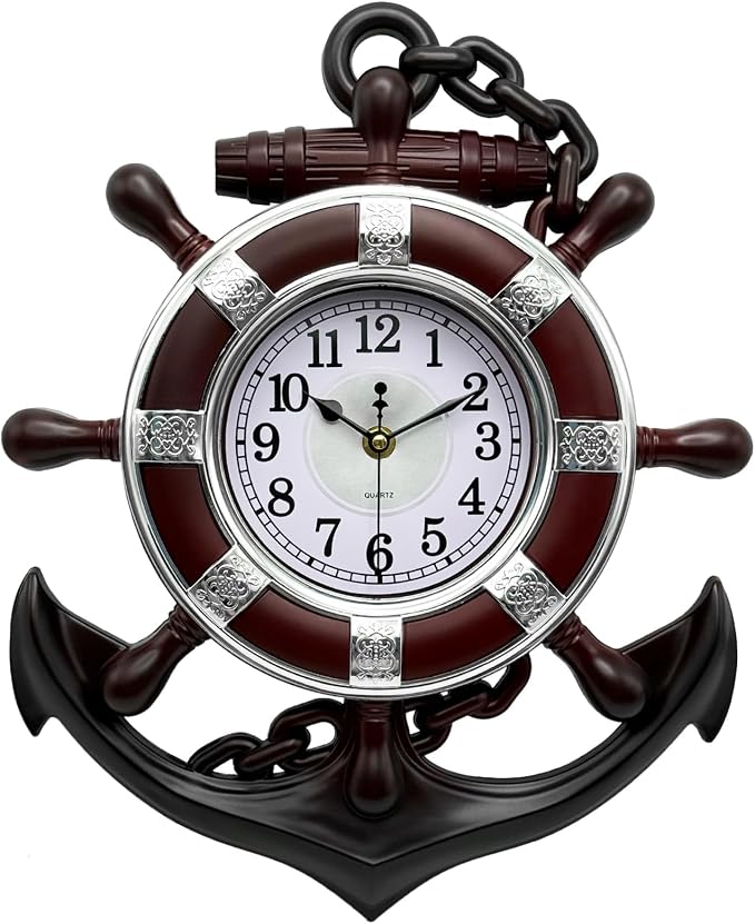 Anchor Outdoor Clock - Nautical Ship Wheel Rudder Wall Clock - Beach Sea Style Decorative Clock for Patio, Pool, Porch (Silver + Dark Red)