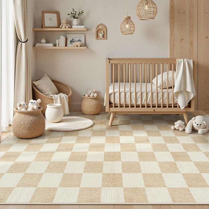 LIVEBOX 8x10 Area Rugs for Living Room, Checkered Non-Slip Washable Rugs, Farmhouse Neutral Classic Geometric Pattern Large Boys Area Rug for Bedroom, Carpet for Dining Room Office(Ivory,8'x10')