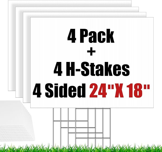 4 Pack Blank Yard Signs with Stakes 24 X 18inch, IKAYAS 18 x 24" Large Size White Garden Yard Signs Yard Sale Signs Corrugated Plastic Signs for Party Decorations, Garage Sale, Guidepost, Open House