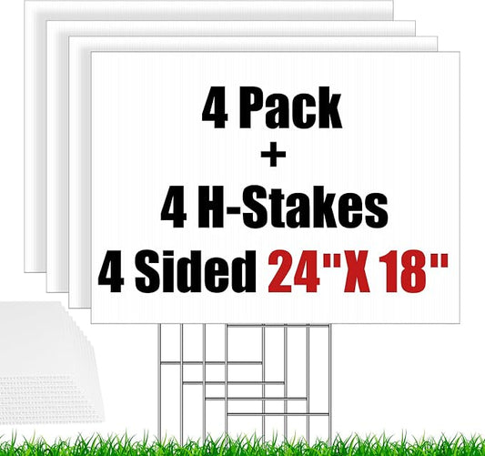 4 Pack Blank Yard Signs with Stakes 24 X 18inch, IKAYAS 18 x 24" Large Size White Garden Yard Signs Yard Sale Signs Corrugated Plastic Signs for Party Decorations, Garage Sale, Guidepost, Open House