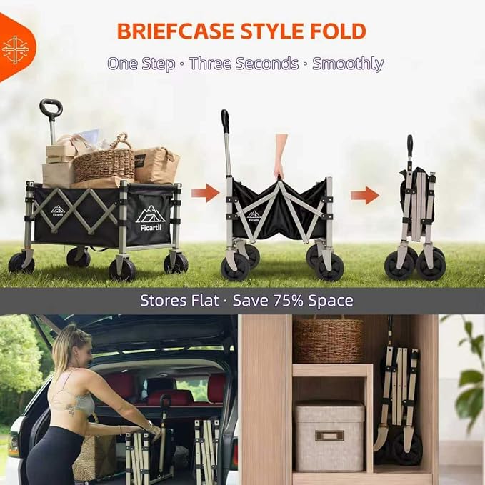 Collapsible Wagon 360LBS Heavy Duty Foldable Utility Cart | Beige Anti-Rust Frame, Black 600D Fabric Removable Liner, Tempered PU All-Terrain Wheels, Fold for Camping Garden Grocery