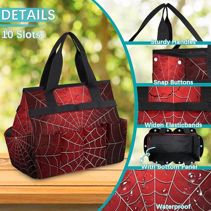 Gardening Tool Bag,Heavy Duty Garden Tote Bag,Portable Oxford Gardening Storage Basket Organizer Handbag with Pockets Handle,Hand Tools Gifts for Outdoor Garden Lawn Spiders Web Red