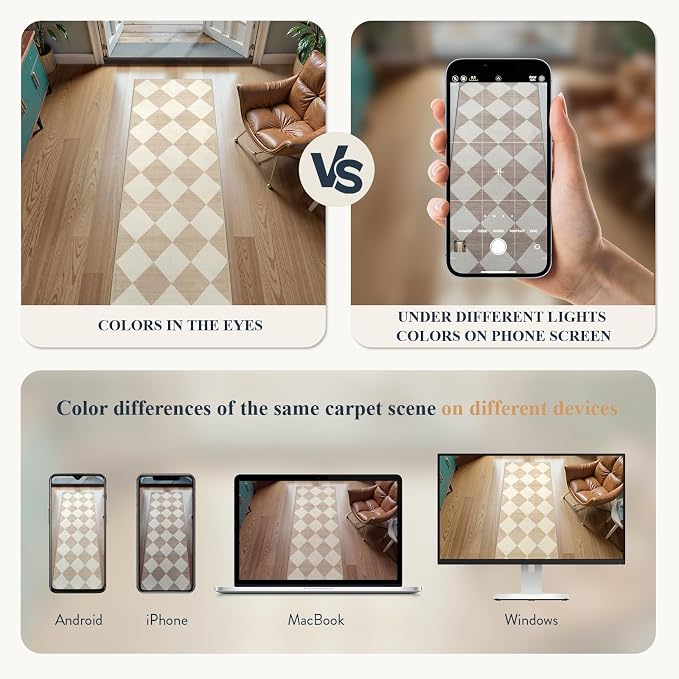 Beeiva Checkered Print Rug Runners for Hallways Non Slip 2.5x8, Ultra Thin Beige Kitchen Runner Rugs Non Skid Washable, Classic Neutral Gingham Decor Faux Wool Carpet for Bathroom Bedroom Entryway