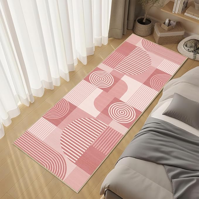 Pink Geometric 2x6 Runner Rug for Hallway Kitchen Bedroom Machine Washable Mid Century Modern Rug Non Slip Low Pile Minimalist Line Runner Rugs Long Floor Mat Carpet for Bathroom Laundry,Pink