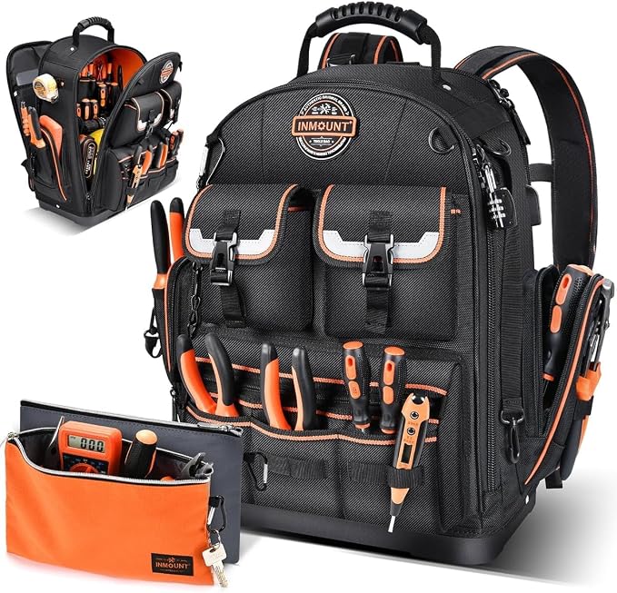 Tool Backpack with 2 Small Tool Bags – LOKASS Heavy Duty Backpack Tool Bag with Molded Base,1680D Tool Organizer with Laptop Compartment & Combination Lock, Water-Resistant Electrician & HVAC Tool Bag
