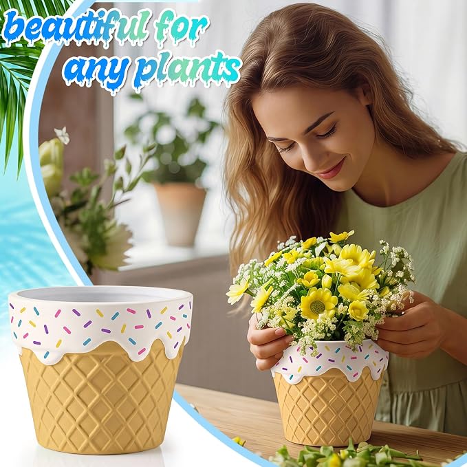 Zubebe 12 Pcs Paint Your Own Ceramic Pots Bulk Unfinished Succulent Pots Craft Kit with Drainage Hole Mini Paintable Plant Vase Ready to Paint Planter for Cactus DIY Craft (Ice Cream)