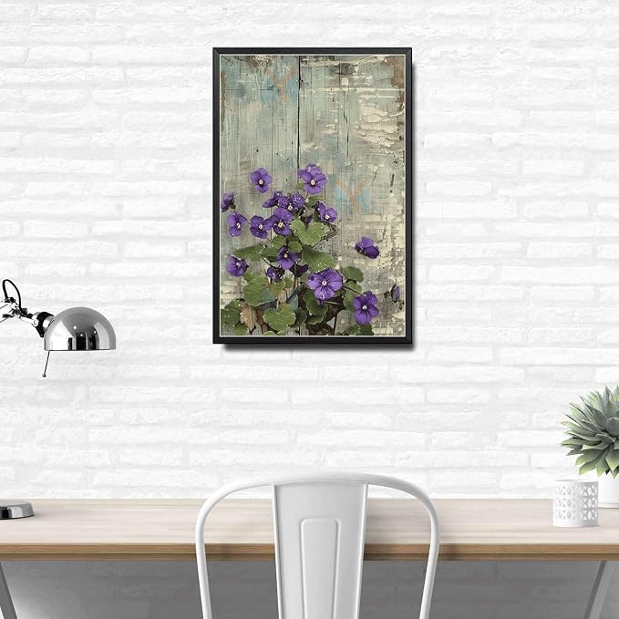Metal Sign Tin Sign Vintage Shabby Chic Violets Tin Sign for Antique Artistry Delicate Vintage Paintings and Distressed Wood Metal Signs Vintage for Restaurant 6×8 Inches with Metal Frame