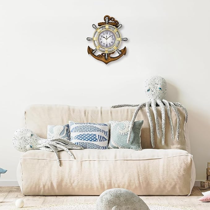 Anchor Outdoor Clock, Nautical Ship Wheel Rudder Wall Clock, Beach Sea Style Decorative Clock for Patio, Pool, Porch (Vintage+Gold+Silver)