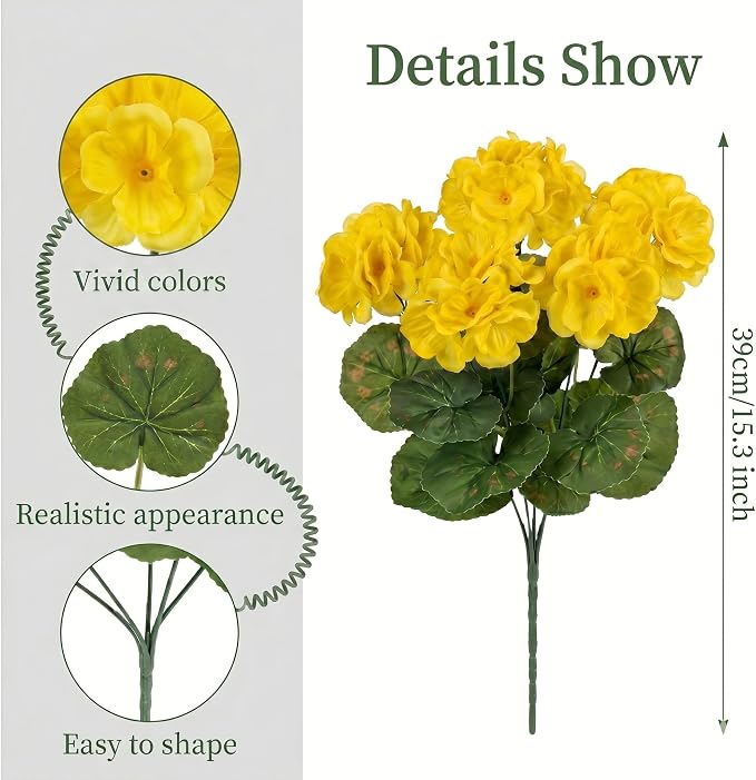 12 Pcs Artificial Geranium Flowers for Outdoor, UV Resistant Geraniums Artificial Flowers Realistic Faux Flowers Outdoor for Planters Outside Porch Garden Decor (15.3",Yellow)
