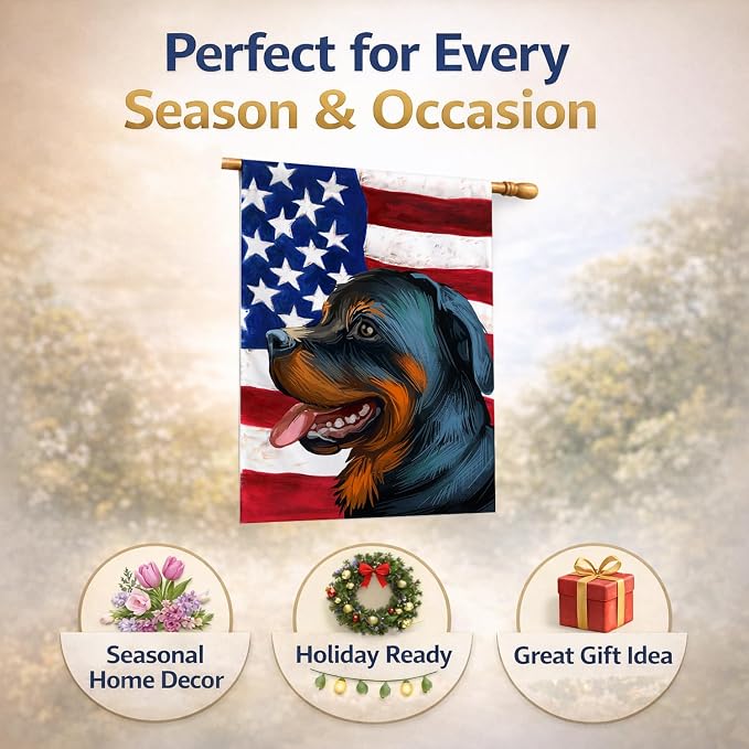 Caroline's Treasures CK6677CHF Rottweiler Dog American Flag House Flag Large Porch Sleeve Pole Decorative Outside Yard Banner Artwork Wall Hanging, Polyester, House Size, Multicolor
