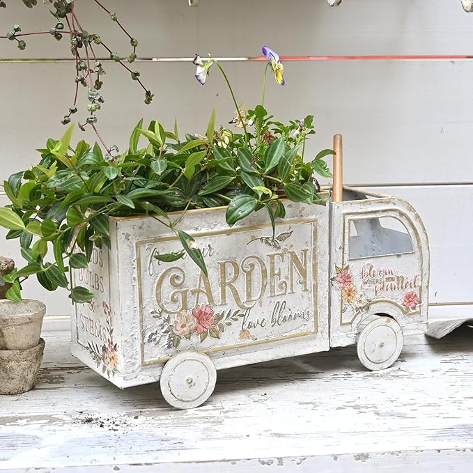 Farmhouse Small Flower Cart Metal Truck Decor Wagon Planters for Outdoor Plants Decorative Planters Vintage Indoor Plant Cart for Patio Garden Balcony