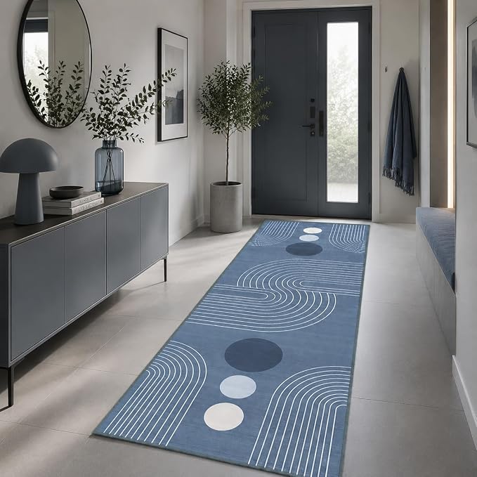 Boho Runner Rug 2x6 Modern Geometric Abstract Rug for Hallway Kitchen Bedroom Dusty Blue Mid Century Modern Runner Machine Washable Non-Slip Printed Low-Pile Long Floor Carpet for Bathroom Laundry