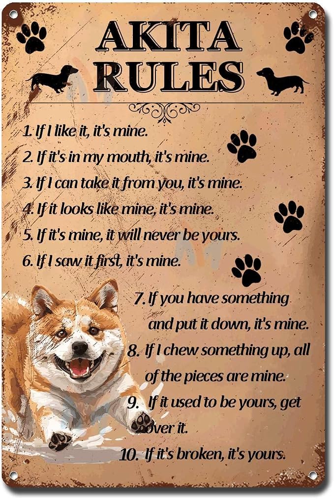 Metal Sign Tin Sign Vintage Wall Art Akita Rules Tin Sig for Pub 6×8 Inches