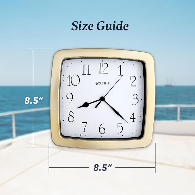 JUSTIME 8.5-inch Quality Square Water Resistant Quartz Wall Clock Special for Small Space, Office, Boats, RV (W40504 Gold Plate)