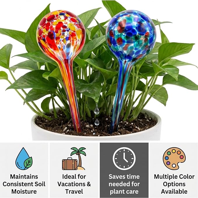 Plant Watering Globes Automatic Glass Watering Bulbs, Glass Ball Planter, Decorative Garden Watering Plant Watering Bulbs with 2-Pack, 3.35 inch Diameter