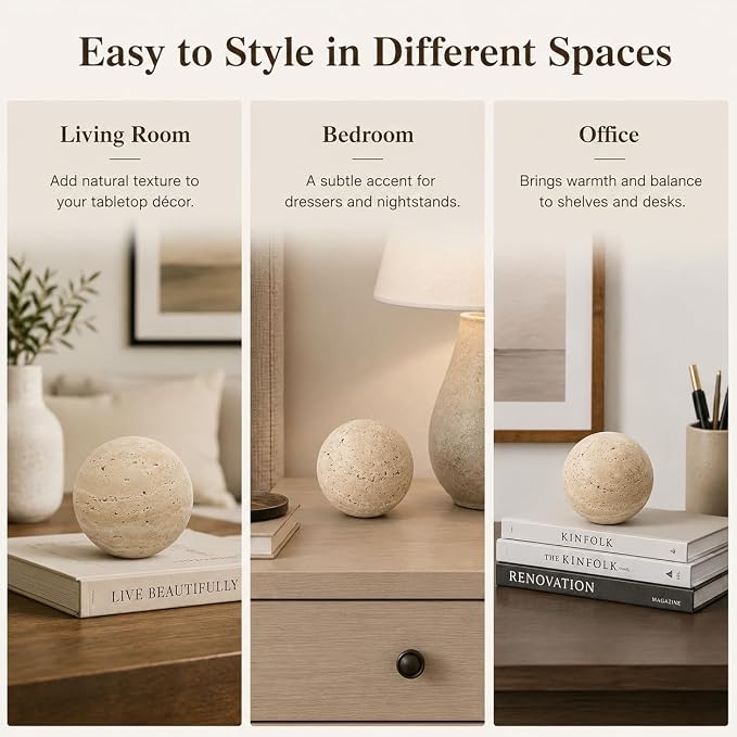 Natural Travertine Decorative Sphere, 3.15 Inch Stone Ball Decor, Hand-Polished Beige Orb Accent for Coffee Table, Shelf, Dresser and Living Room
