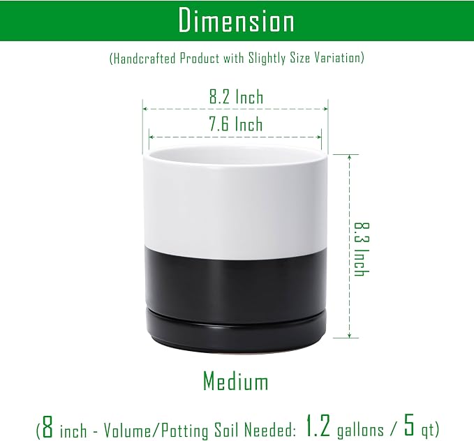 D'vine Dev 8.2 Inch Ceramic Planter Pot with Drainage Hole and Saucer, Indoor Cylinder Round Planter Pot, Layered Monochrome Black & White, 94-O-D-L