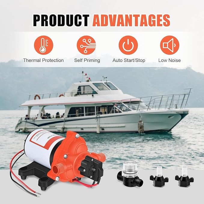 RV Water Pump on Demand Water Pressure Self-Priming Diaphragm Pump with Pressure Switch Quiet for Camper Marine Garden Boats Home Kitchen Bathroom Irrigation Rain Barrel (12V 3.5GPM 50PSI)
