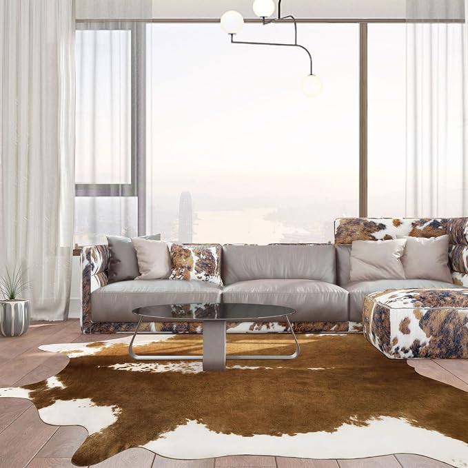 BENRON Faux Cowhide Rug, Cow Print Rug for Living Room Bedroom 7.8x9.5ft | Western cow hide rug for Cowboy Cowgirl Home Decor, Washable Rugs with Irregular Animal Skins and Hides Non Slip, Khaki Brown