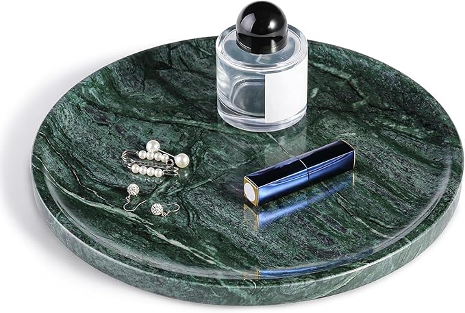Karibiber Natural Marble Serving Tray, 11.8in Marble Round Tray, Green Stone Bathroom Tray for Countertop, Decorative Vanity Trays, Coffee Table Trays, Jewelry & Perfume Holder