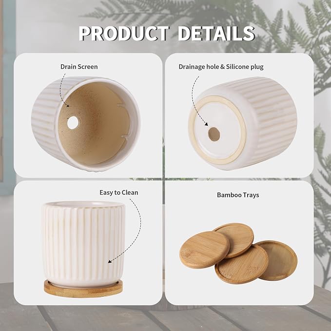 4 Inch Ceramic Plant Pots, White, Set of 4 | Drainage Holes, Modern Vertical Pattern, With Saucer, For Indoor Plants, Succulent, Cactus & Herbs
