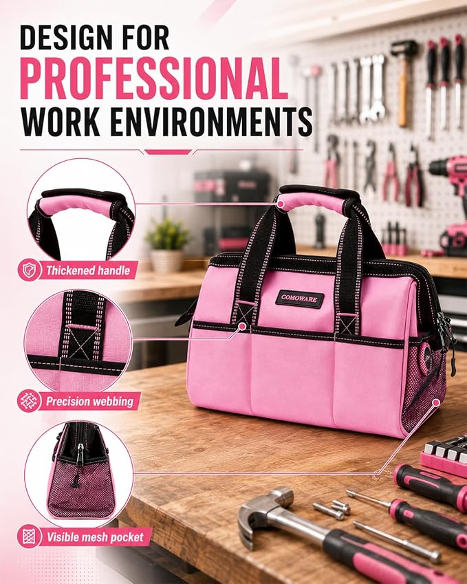 COMOWARE 13-Inch Tool Bag, Pink Soft Storage Bags with Inside Pockets, Wide Mouth Pink Tool Tote Bag