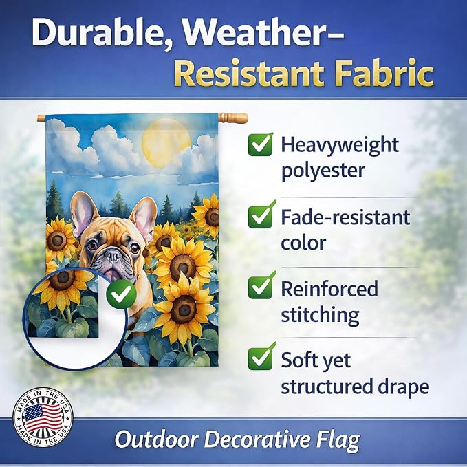 Caroline's Treasures DAC6080CHF French Bulldog in Sunflowers House Flag Large Porch Sleeve Pole Decorative Outside Yard Banner Artwork Wall Hanging, Polyester, House Size, Multicolor