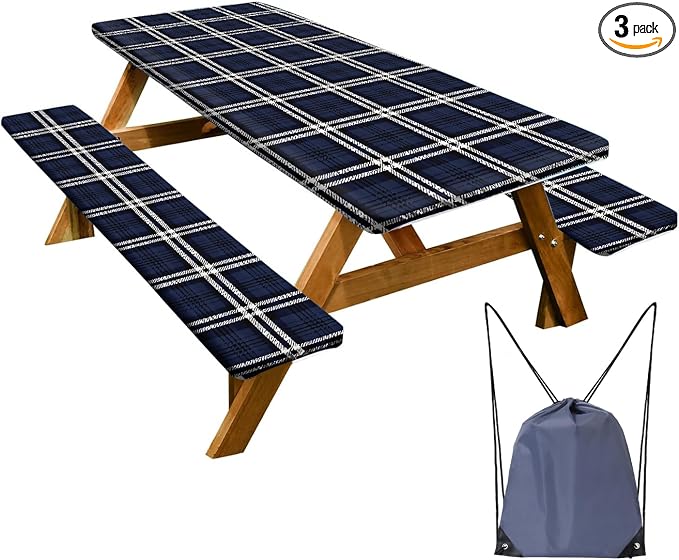 Picnic Table Cover with Bench Covers Set of 3 - Classic Checkered Navy Blue Plaid Tablecloth, Elastic Fitted for 6 Ft Tables, Washable Polyester Cover for Camping, Indoor & Outdoor