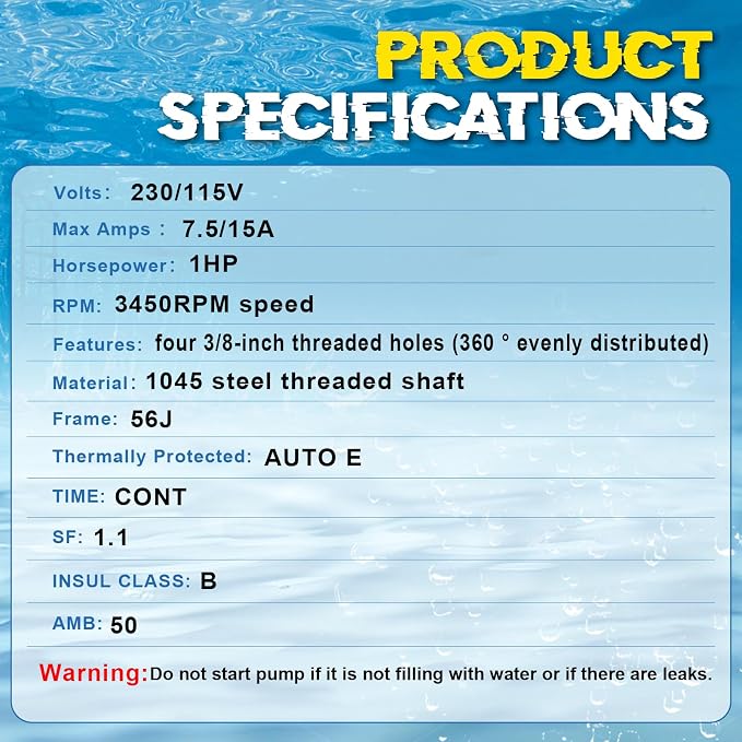 SP1610Z1MBK Pool Pump Motor 1HP 56J Frame Replacement for Hayward Pump | 115/230V Dual Voltage, 3450 RPM, 7.5/15A, 1045 Steel Threaded Shaft, Pool Motor