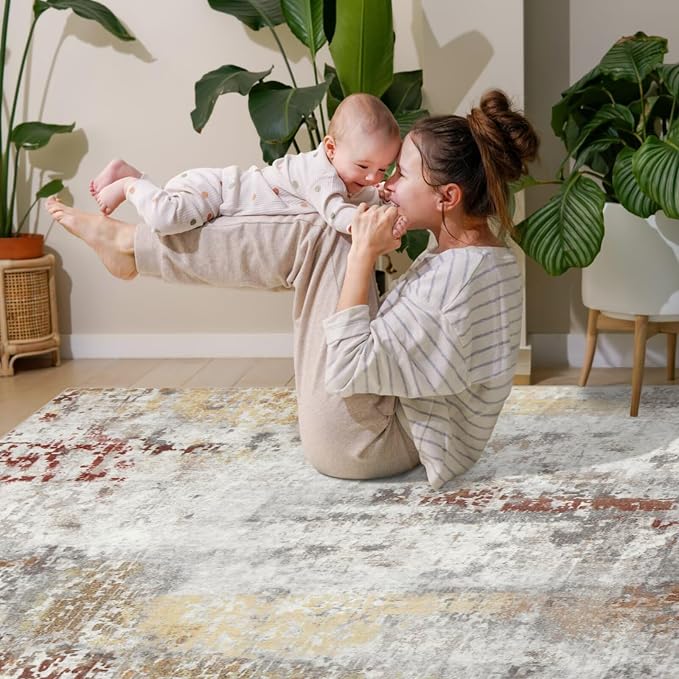 Toneed Washable 6x9 Area Rug with Non-Slip Backing for Living Room | Abstract Modern Rugs, Soft Low Pile Carpet for Bedroom Kitchen Dining Room Nursery Indoor Floor Home Decor, Taupe Grey Brown