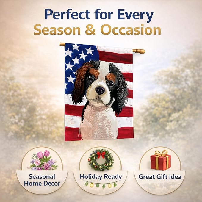Caroline's Treasures CK6482CHF Cavalier Spaniel American Flag House Flag Large Porch Sleeve Pole Decorative Outside Yard Banner Artwork Wall Hanging, Polyester, House Size, Multicolor